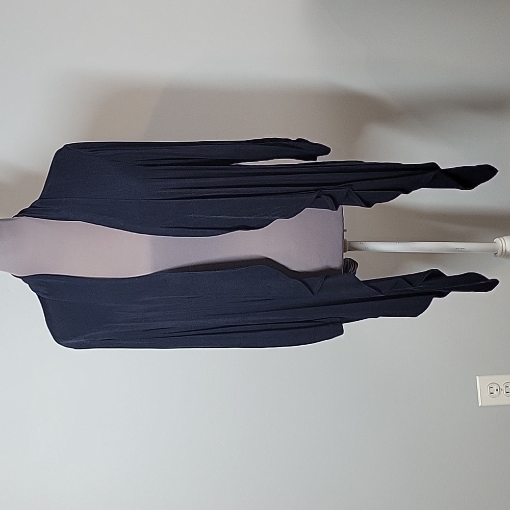 Chico's Travelers Navy Blue slinky open front cardigan Ruffle trim